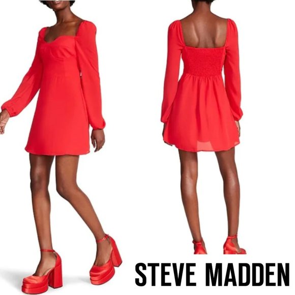 STEVE MADDEN 'Nicole' Red Mini Dress Smocked Back Balloon Sleeves Bustier Style - Picture 1 of 13